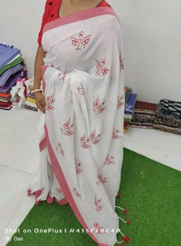 Durga Ma Embroidered Cotton Saree  - White