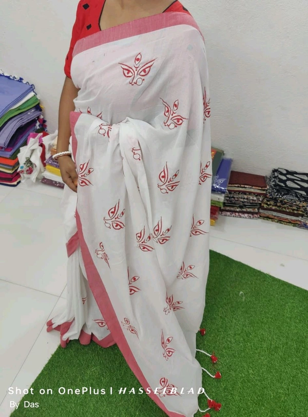 Durga Ma Embroidered Cotton Saree  - White