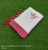 Durga Ma Embroidered Cotton Saree  - White