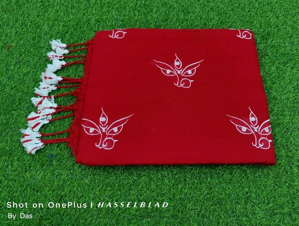 Durga Ma Embroidered Cotton Saree  - Red