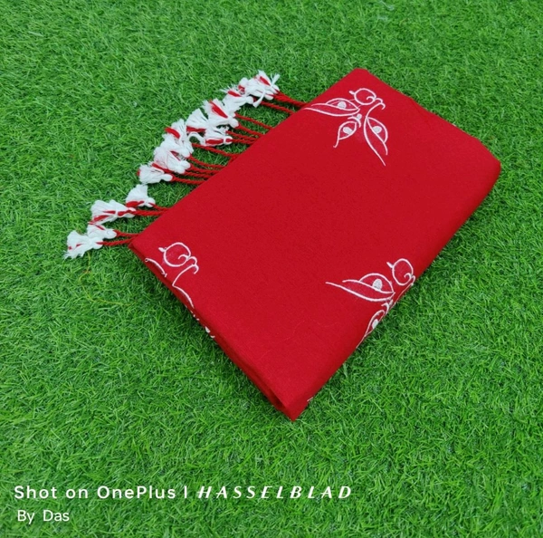 Durga Ma Embroidered Cotton Saree  - Red