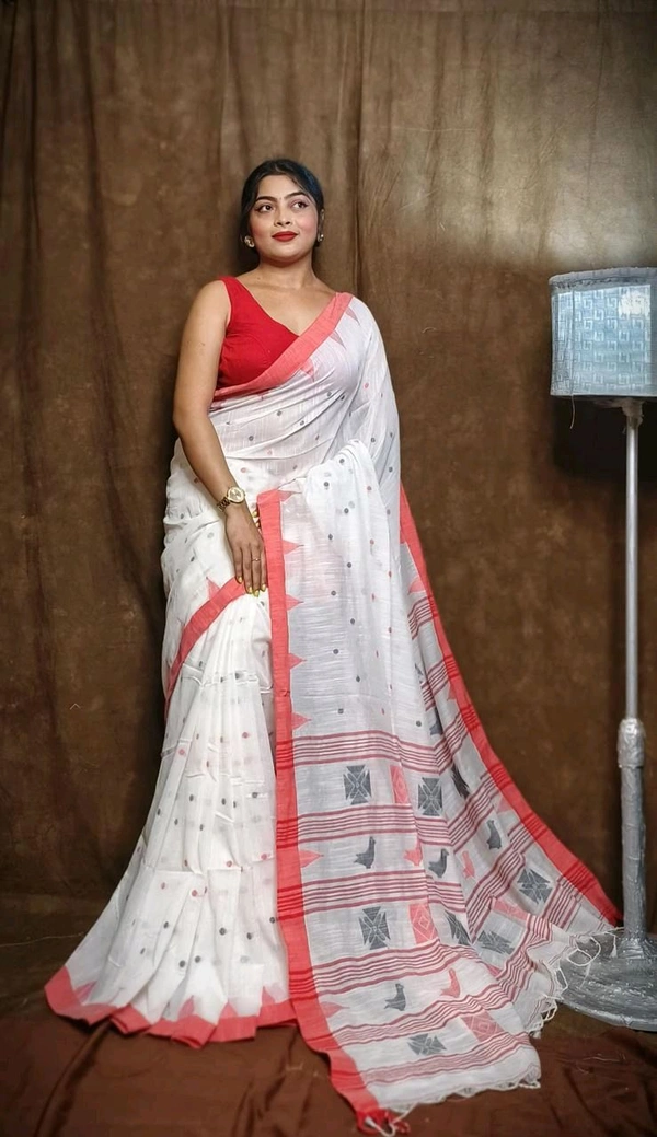 Woven Pallu Pure Cotton Saree  - White