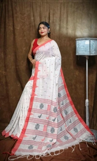 Woven Pallu Pure Cotton Saree  - White