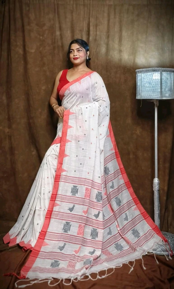 Woven Pallu Pure Cotton Saree  - White
