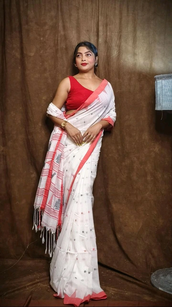 Woven Pallu Pure Cotton Saree  - White