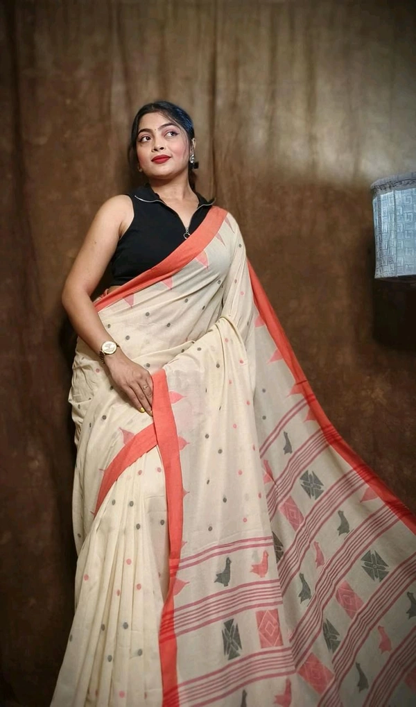 Woven Pallu Pure Cotton Saree  - Buttermilk
