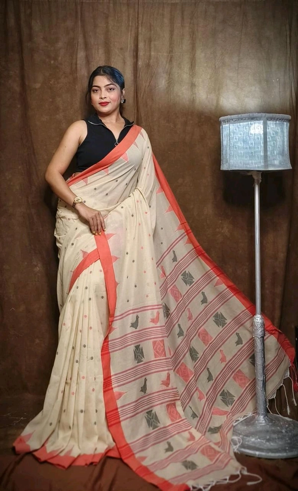 Woven Pallu Pure Cotton Saree  - Buttermilk
