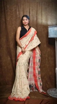 Woven Pallu Pure Cotton Saree  - Buttermilk