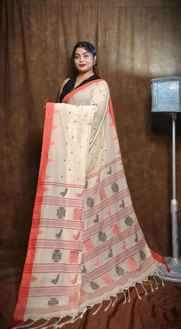 Woven Pallu Pure Cotton Saree  - Buttermilk