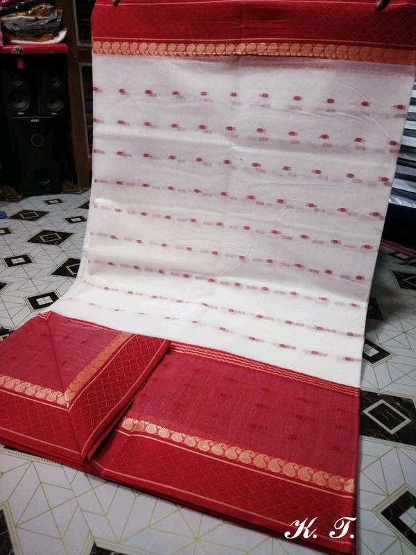 Bengal Handloom Tant Saree  - White & Red