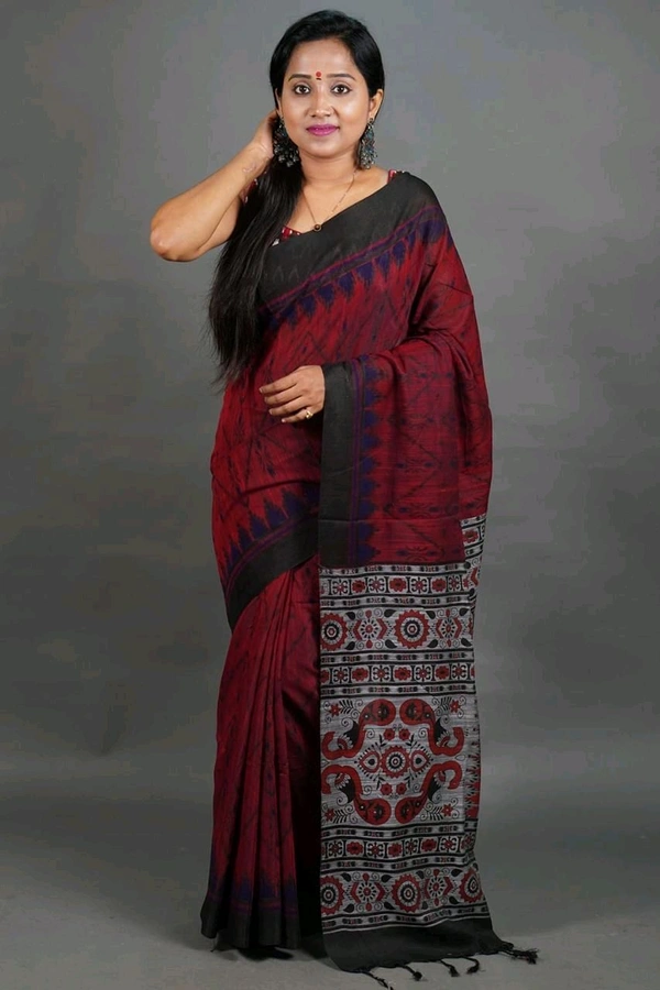 Slab Khadi Sambalpuri Print Saree - Red