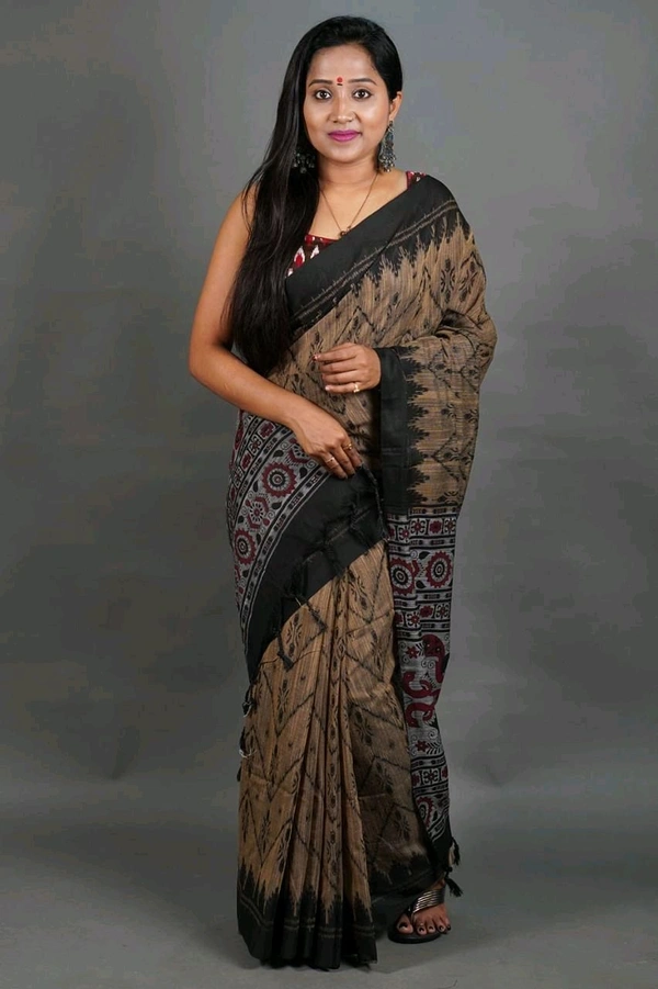 Slab Khadi Sambalpuri Print Saree - Golden
