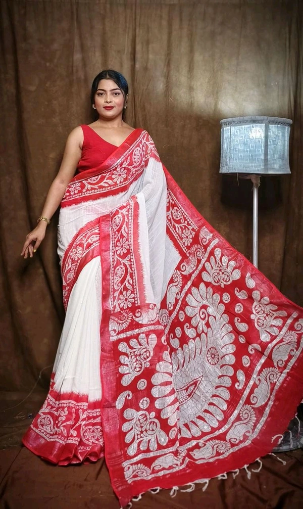 Slab Khadi Alpana Hand Print Saree - White & Red