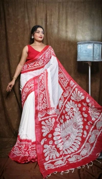 Slab Khadi Alpana Hand Print Saree - White & Red