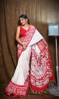 Slab Khadi Alpana Hand Print Saree - White & Red