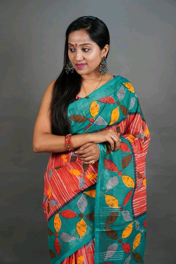 Slab Khadi Leaf Print Saree - Green