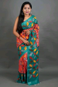 Slab Khadi Leaf Print Saree - Green