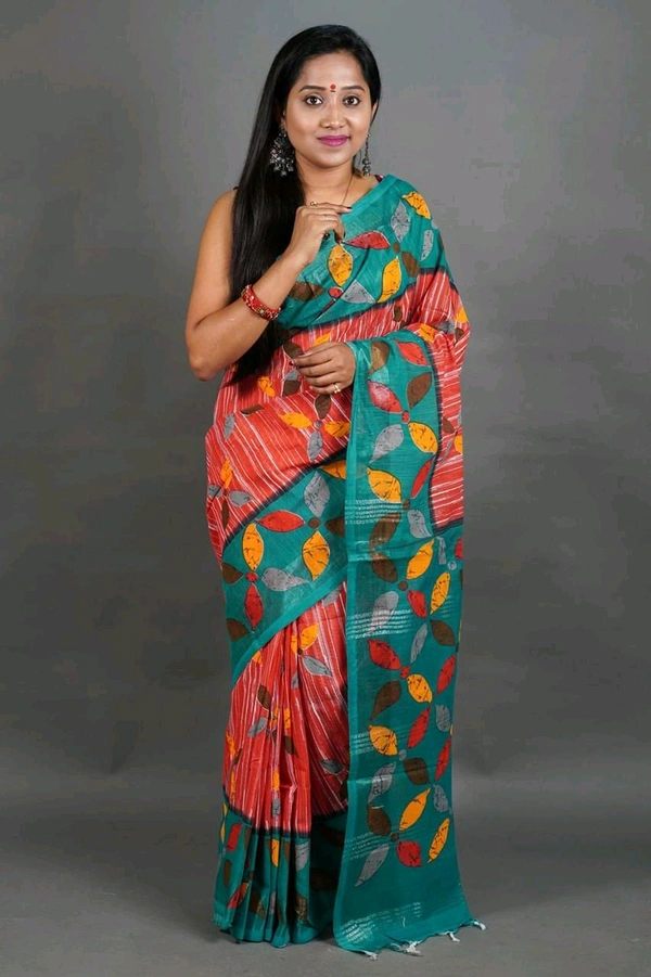 Slab Khadi Leaf Print Saree - Green