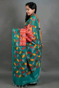 Slab Khadi Leaf Print Saree - Green