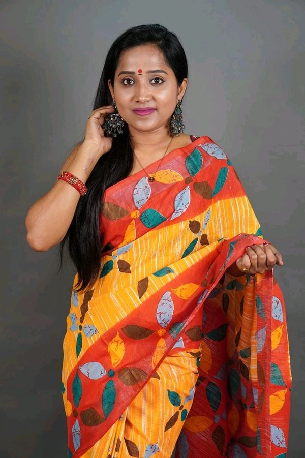 Slab Khadi Leaf Print Saree - Lime