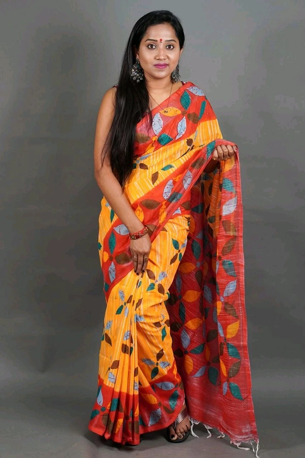 Slab Khadi Leaf Print Saree - Lime