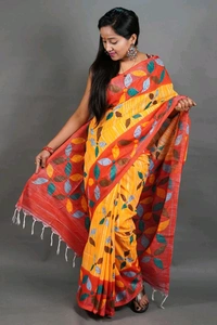 Slab Khadi Leaf Print Saree - Lime