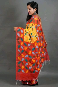 Slab Khadi Leaf Print Saree - Lime