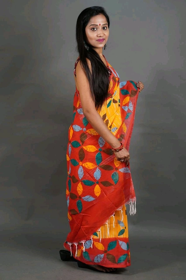Slab Khadi Leaf Print Saree - Lime