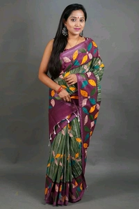 Slab Khadi Leaf Print Saree - Olive