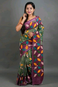 Slab Khadi Leaf Print Saree - Olive