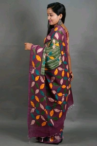 Slab Khadi Leaf Print Saree - Olive
