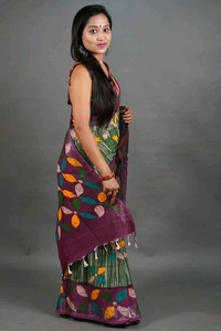 Slab Khadi Leaf Print Saree - Olive