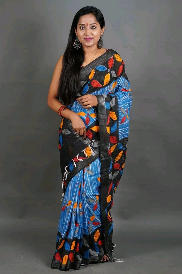 Slab Khadi Leaf Print Saree - Sky Blue