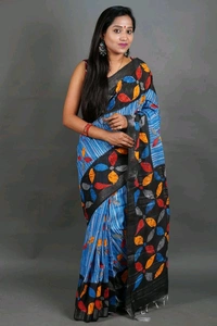 Slab Khadi Leaf Print Saree - Sky Blue