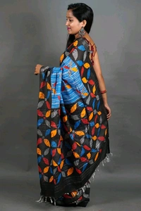 Slab Khadi Leaf Print Saree - Sky Blue