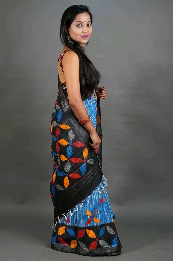 Slab Khadi Leaf Print Saree - Sky Blue