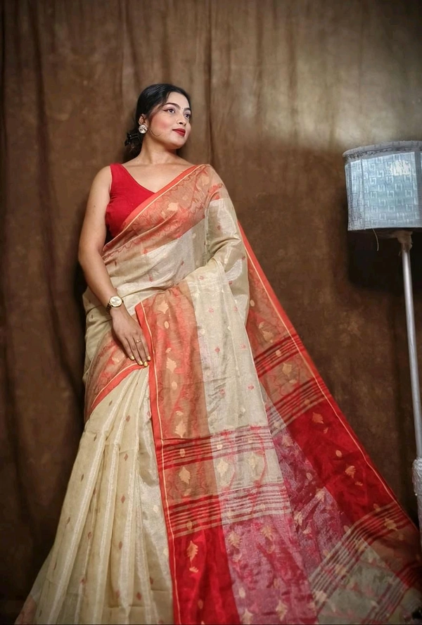 Jamdani Work Tissue Cotton Saree  - Buttermilk