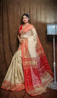 Jamdani Work Tissue Cotton Saree  - Buttermilk