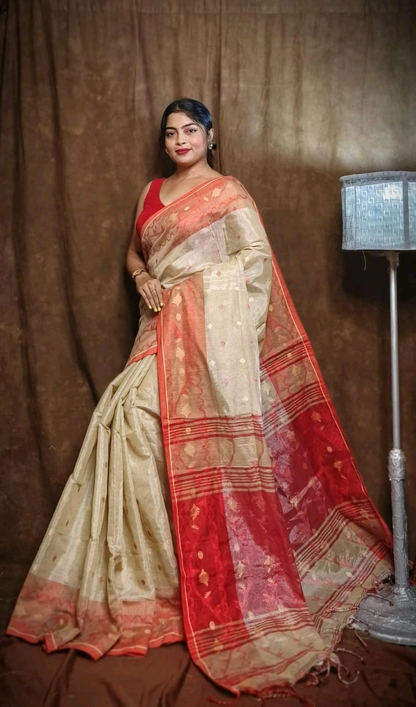 Jamdani Work Tissue Cotton Saree  - Buttermilk