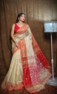 Jamdani Work Tissue Cotton Saree  - Buttermilk
