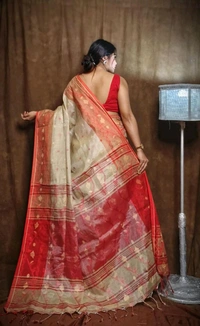 Jamdani Work Tissue Cotton Saree  - Buttermilk