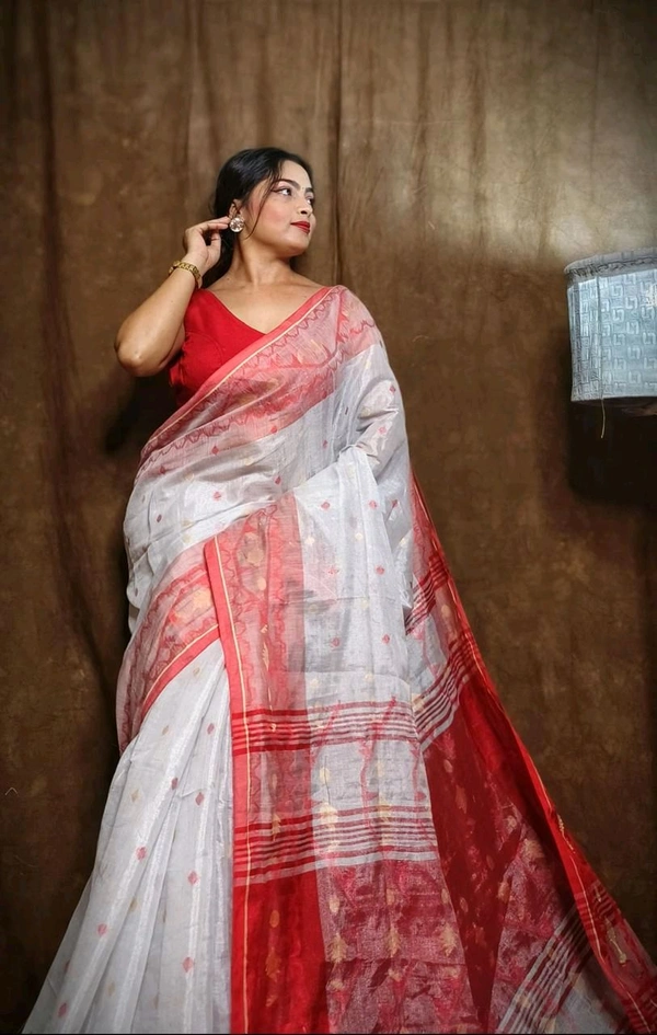 Jamdani Work Tissue Cotton Saree  - White