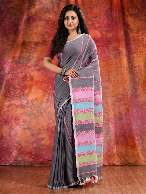 Bengal Handloom Khadi Khesh Saree - Silver