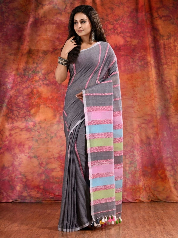 Bengal Handloom Khadi Khesh Saree - Silver
