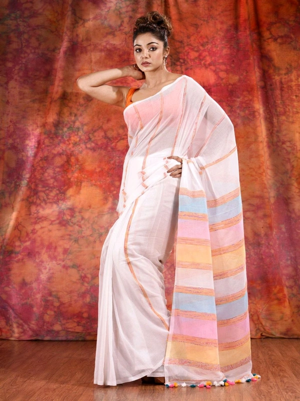 Bengal Handloom Khadi Khesh Saree - White