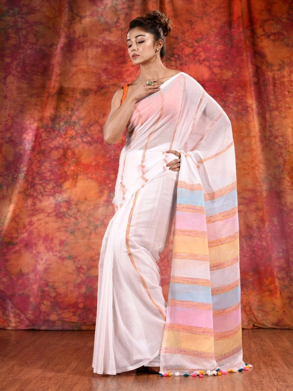 Bengal Handloom Khadi Khesh Saree - White