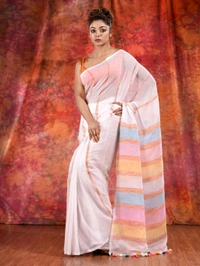 Bengal Handloom Khadi Khesh Saree - White
