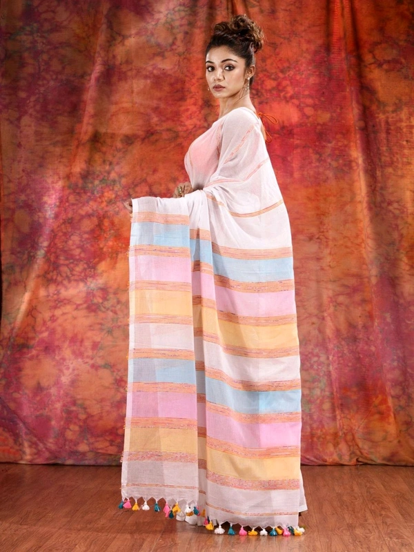Bengal Handloom Khadi Khesh Saree - White
