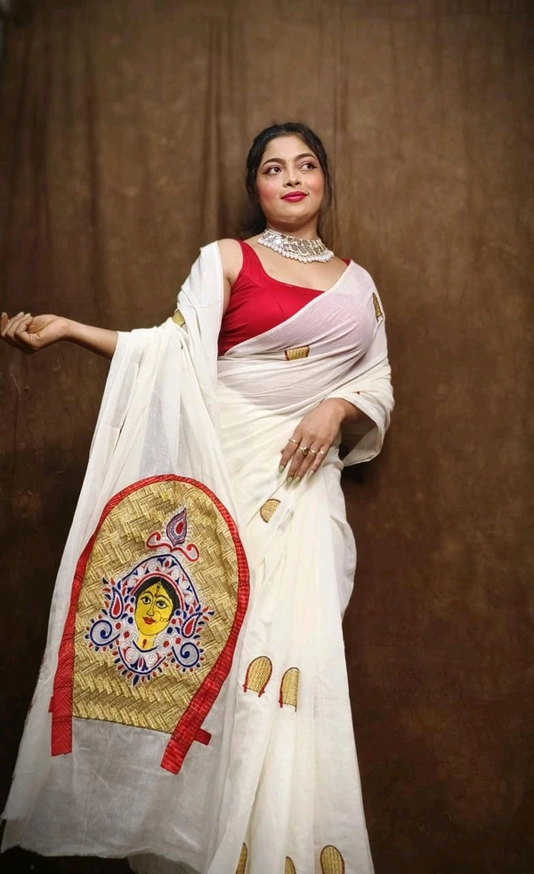 Durga Ma Embroidered Slab Cotton Saree - White