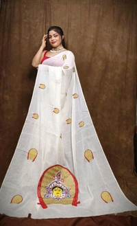 Durga Ma Embroidered Slab Cotton Saree - White